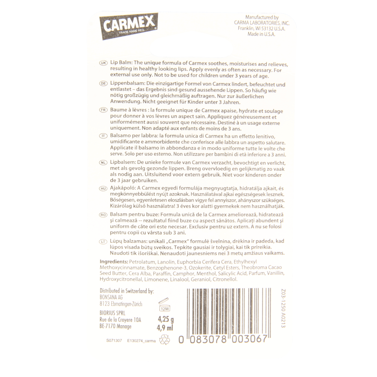 Carmex  Lip balm classic stick 4.25 Gram