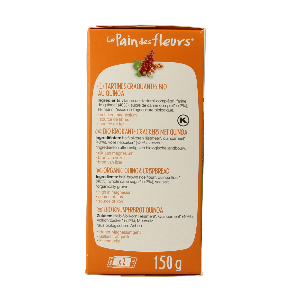 Pain Des Fleurs Krokante crackers quinoa glutenvrij bio 150.00 Gram