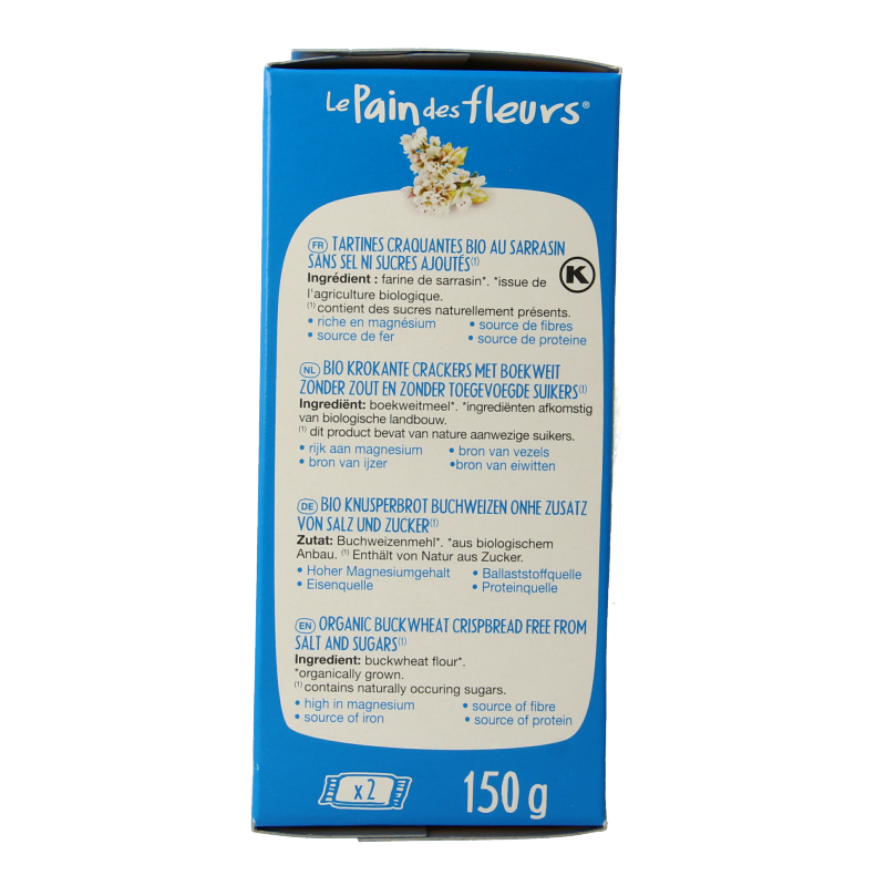Pain Des Fleurs Krokante crackers boekweit zoutloos glutenvrij bio 150 Gram