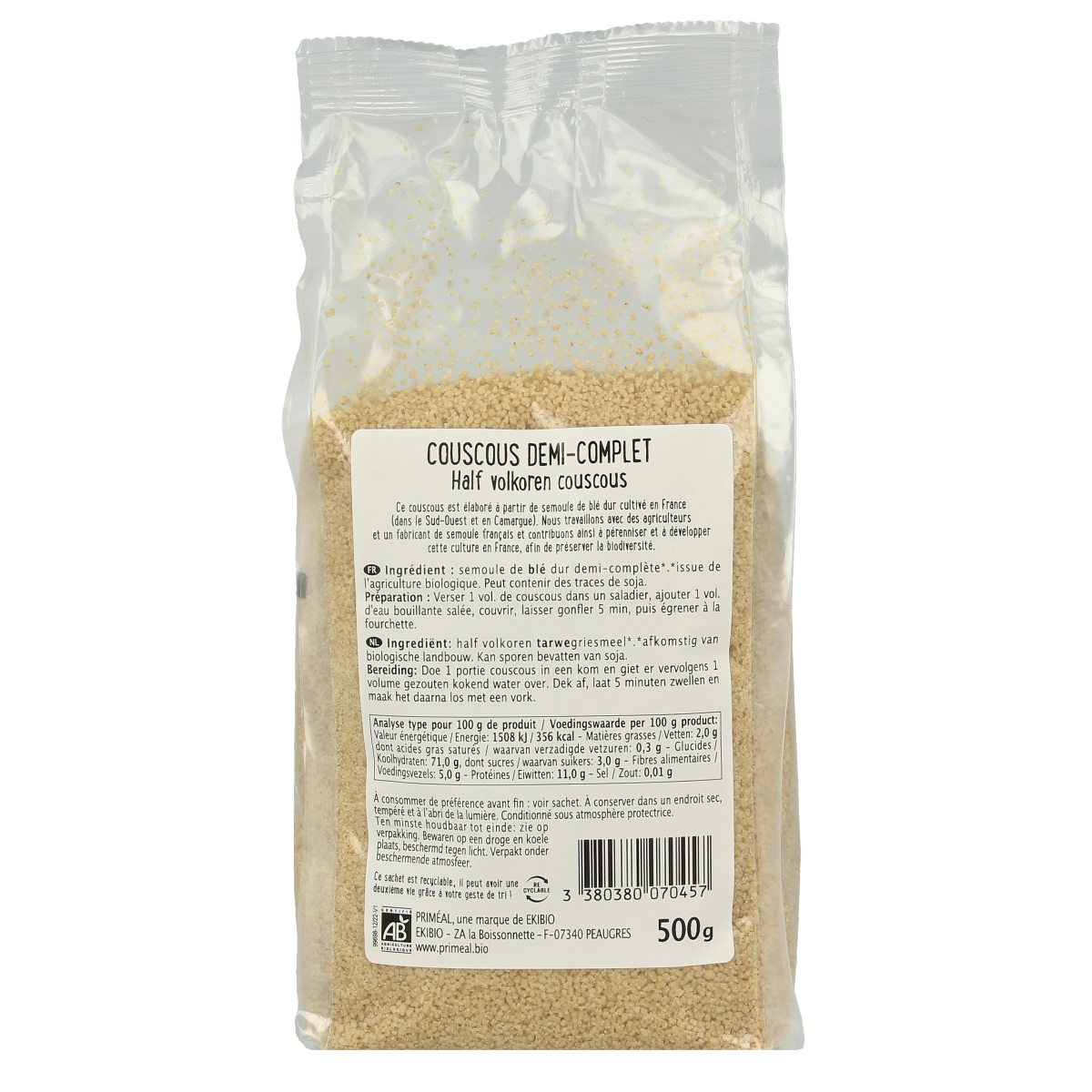 Primeal Couscous halfvolkoren bio 500.00 Gram
