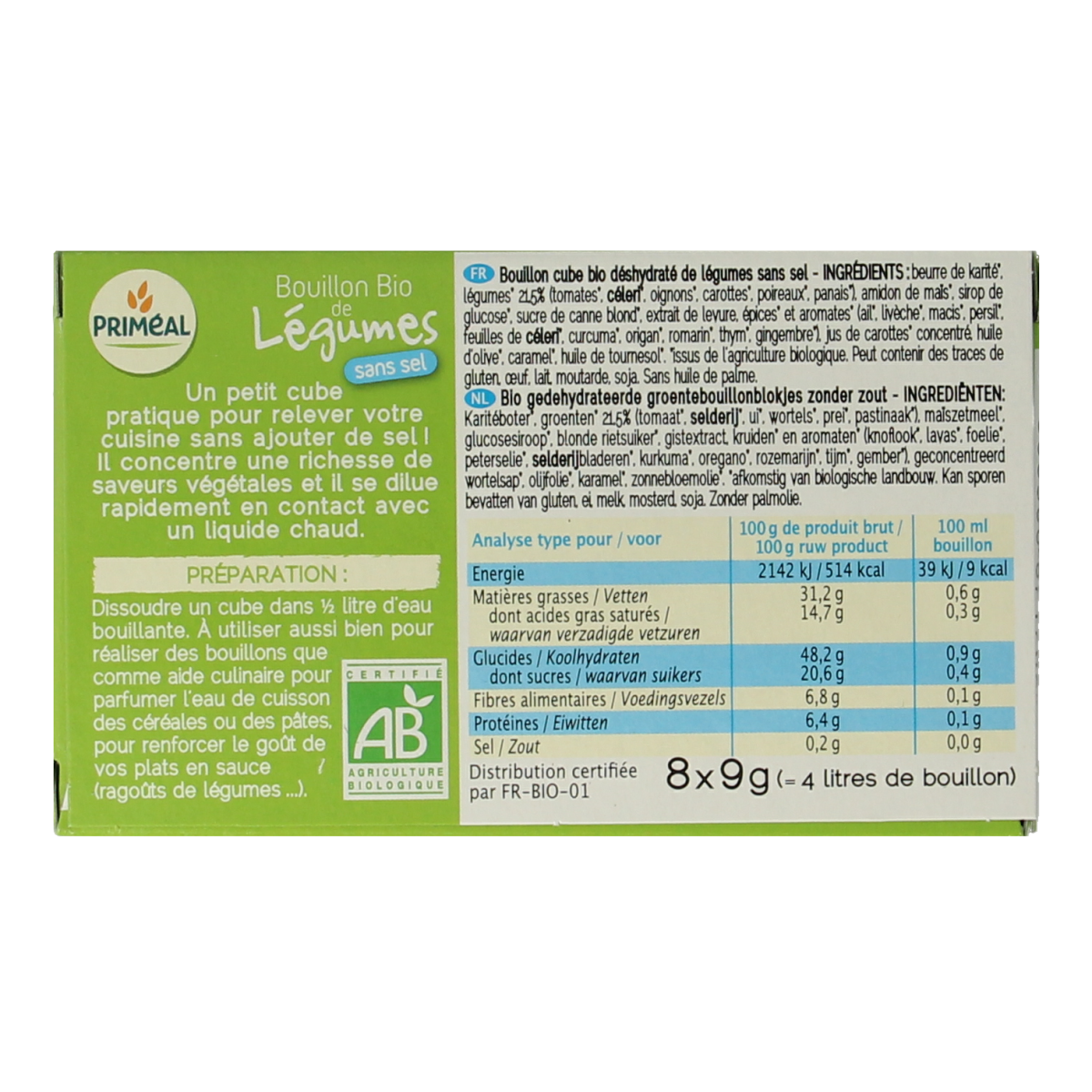 Primeal Groentebouillon blokjes zonder zout 9 gram bio 8.00 Stuks