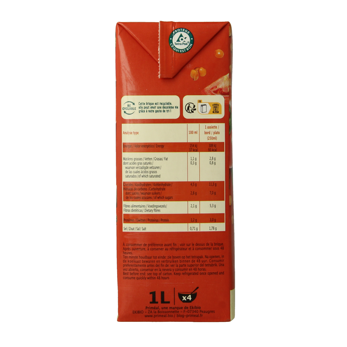 Primeal Veloute gebonden soep tomaat linzen bio 1.00 Liter