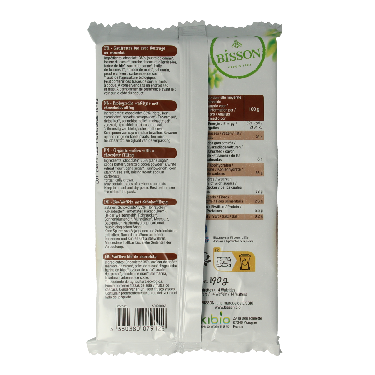 Bisson Chocolade wafels gaufrettes bio 190.00 Gram