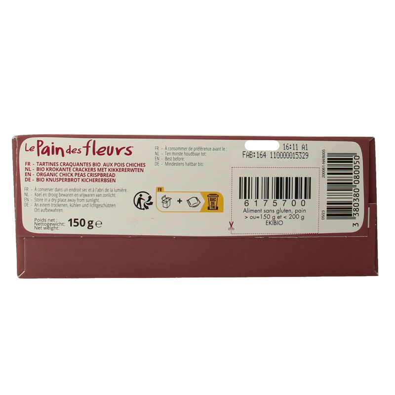 Pain Des Fleurs Krokante crackers kikkererwten glutenvrij bio 150 Gram