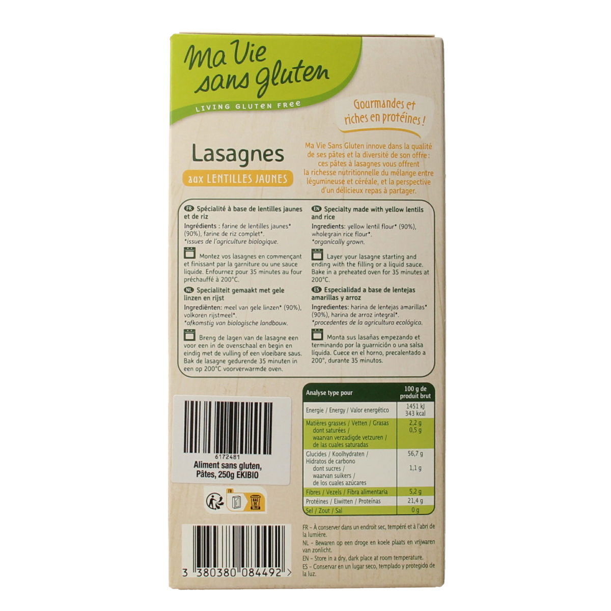 Ma Vie Sans Lasagnebladen van gele linzen glutenvrij bio 250.00 Gram