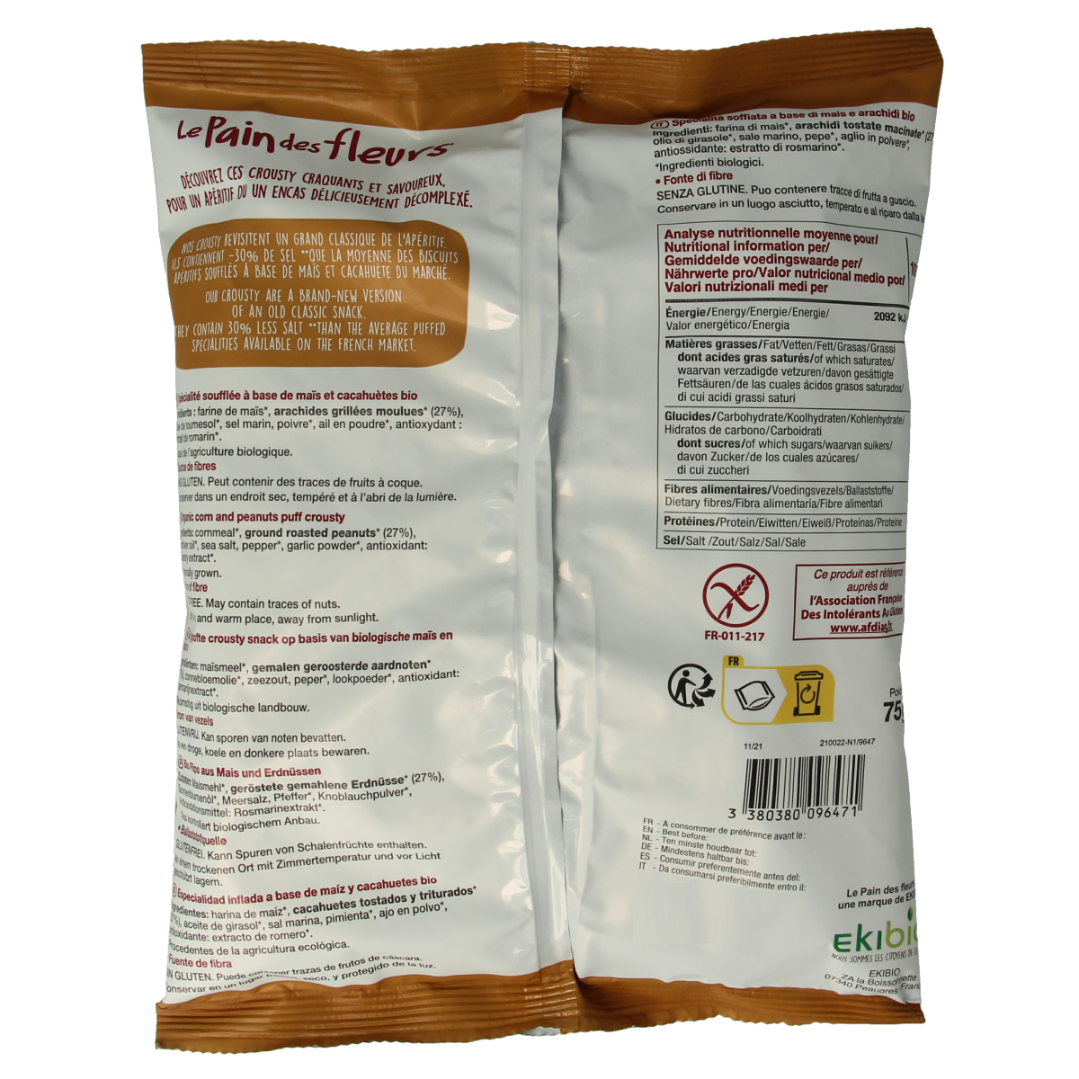 Pain Des Fleurs Chips gepoft pinda -30% zout glutenvrij vegan bio 75.00 Gram