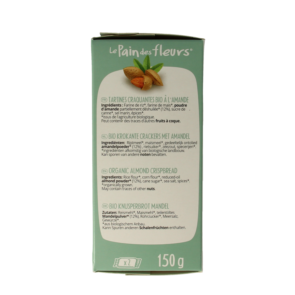 Pain Des Fleurs Krokante crackers amandel glutenvrij bio  150.00 Gram