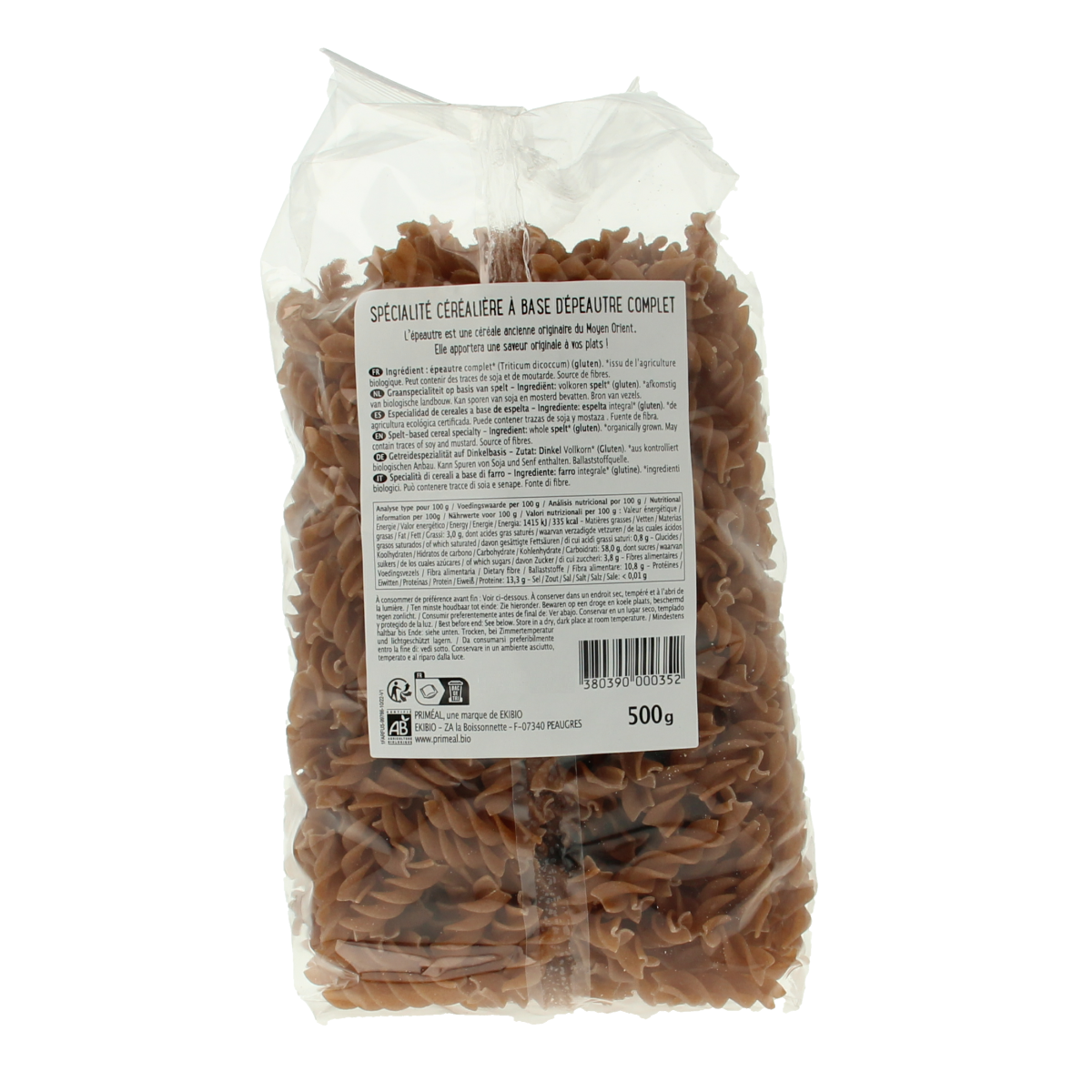 Primeal Spelt fusilli spiralen volkoren bio 500.00 Gram