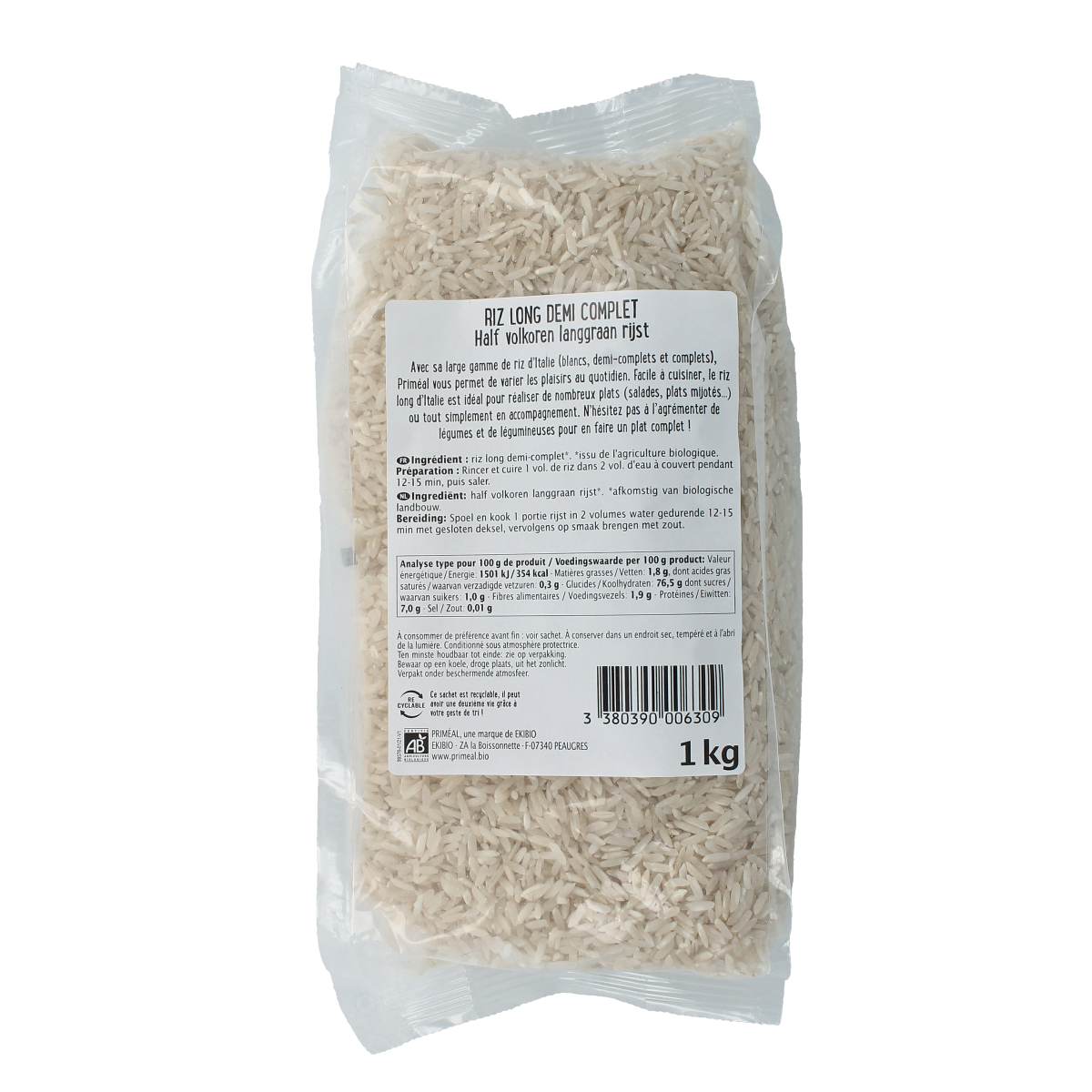 Primeal Halfvolkoren langgraan rijst bio 1.00 Kilogram