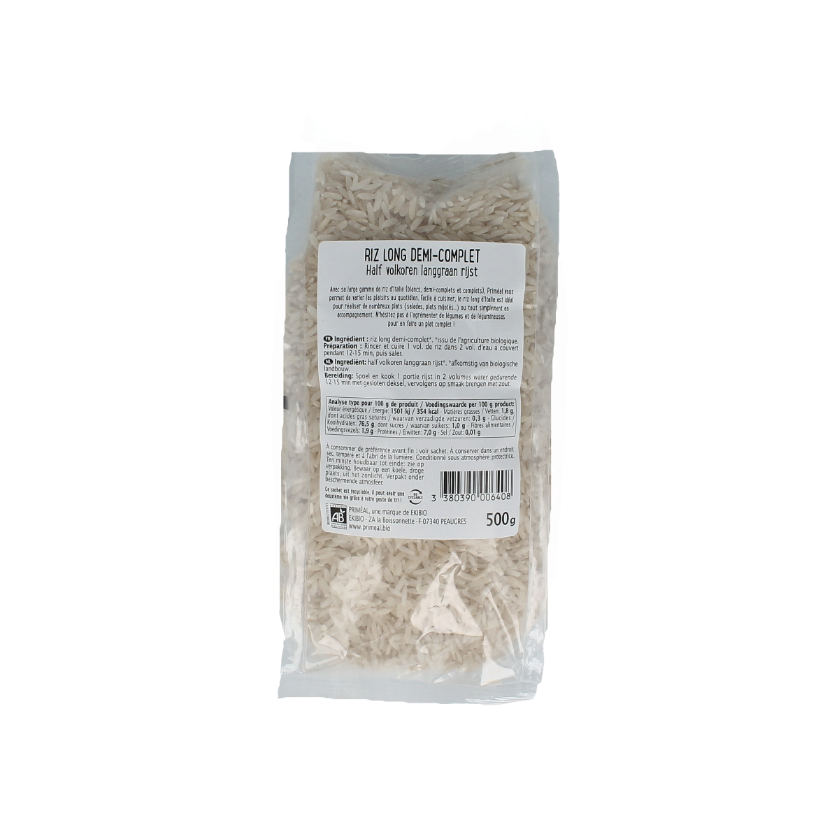 Primeal Halfvolkoren langgraan rijst bio 500.00 Gram