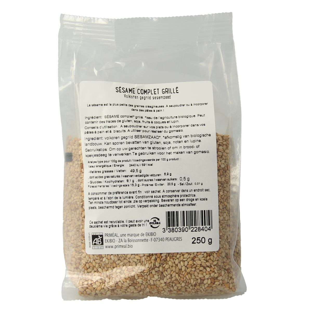 Primeal Volkoren gegrild sesamzaad bio 250.00 Gram