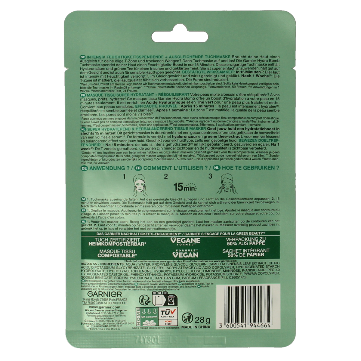 Garnier SkinActive tissuemasker hydra bomb groene thee  1.00 Stuks