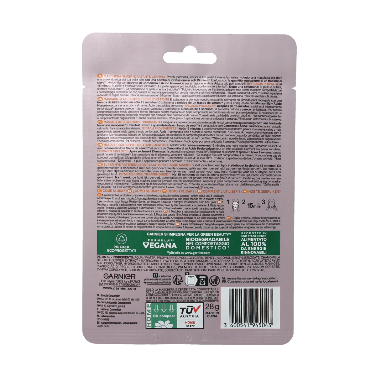 Garnier Skin act tissue masker kamille& hyaluronzuur 1.00 Stuks