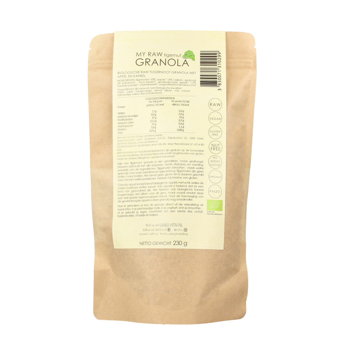 Vitiv Tijgernoot granola appel kaneel bio 230.00 Gram