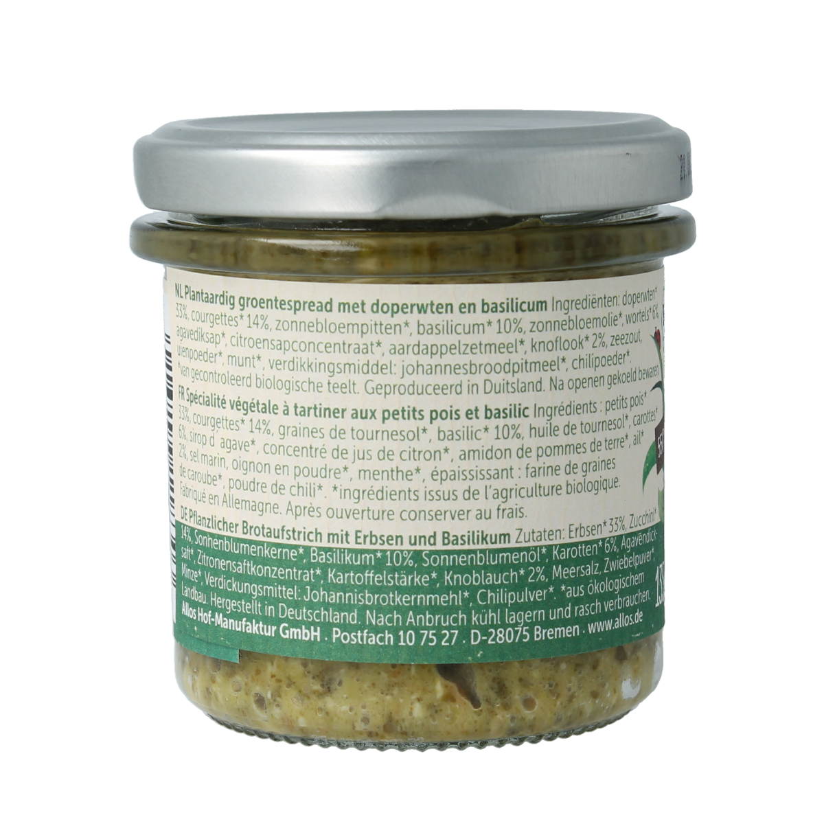 Allos Farm vegetables doperwten & basilicum bio 135.00 Gram