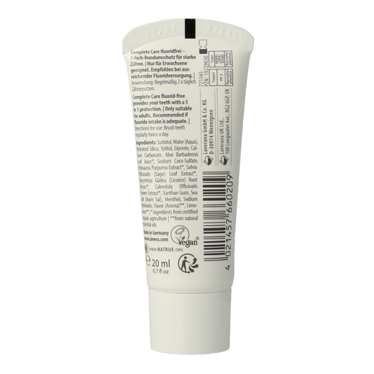 Lavera Tandpasta complete care fluoridevrij bio mini 20.00 Milliliter