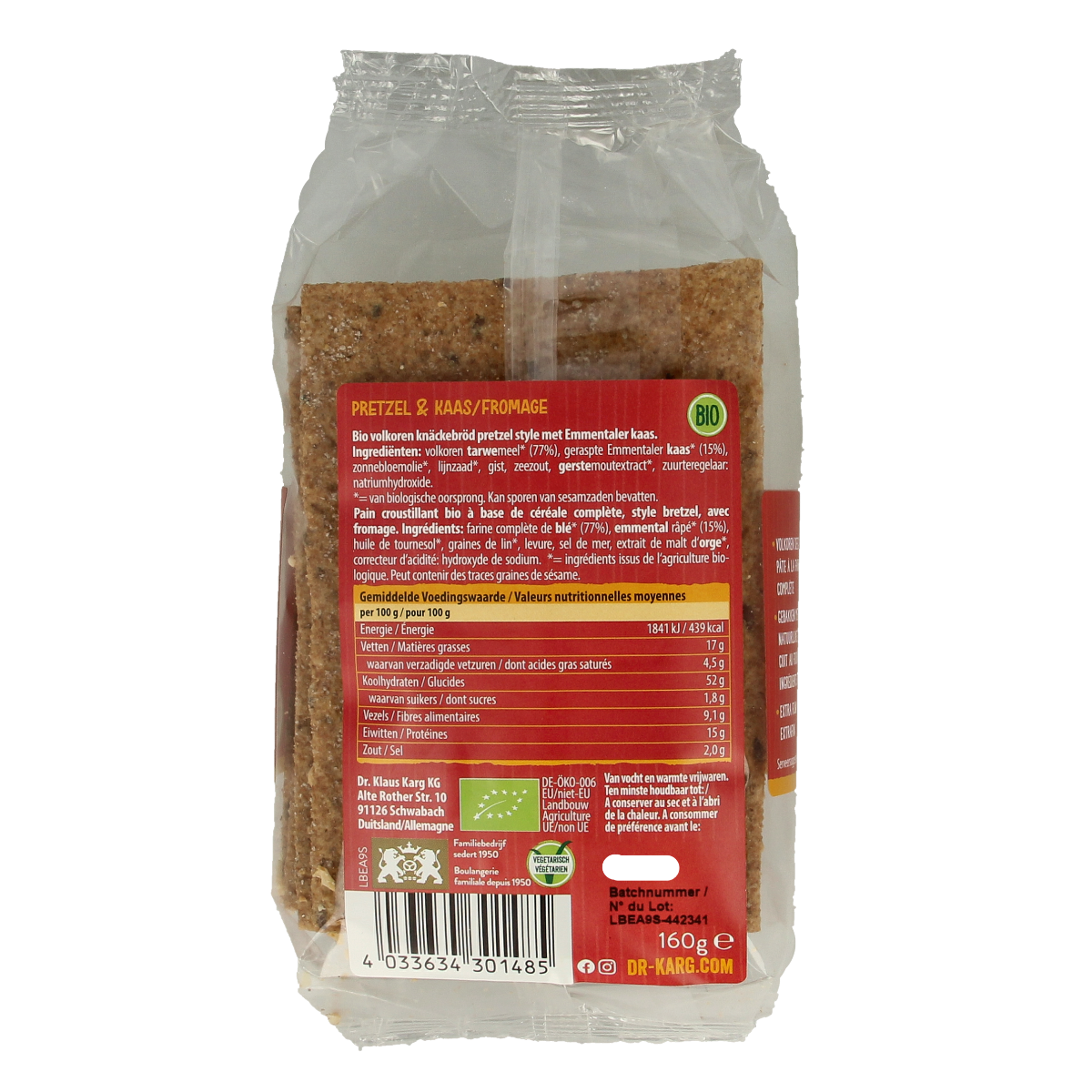 Dr. Karg's Crackers pretzel kaas bio 160.00 Gram