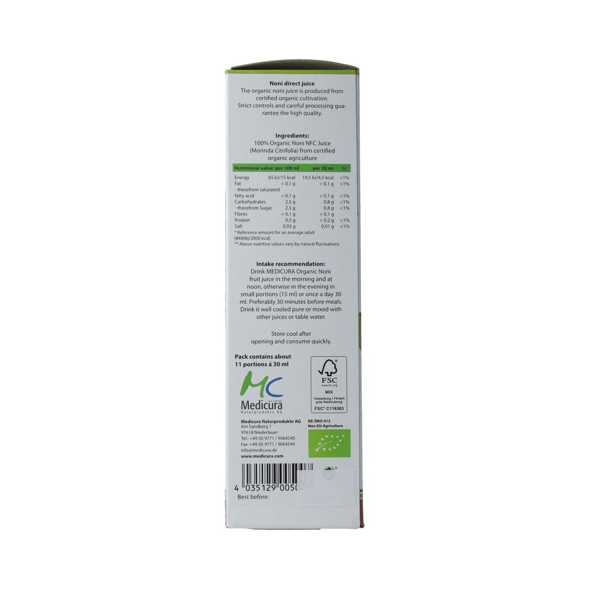 Medicura Noni 100% sap bio 330.00 Milliliter