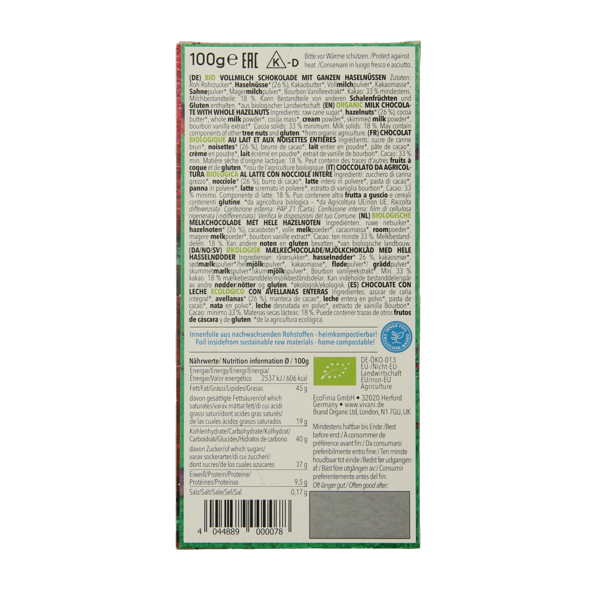 Vivani Chocolade melk met hele hazelnoten bio 100.00 Gram