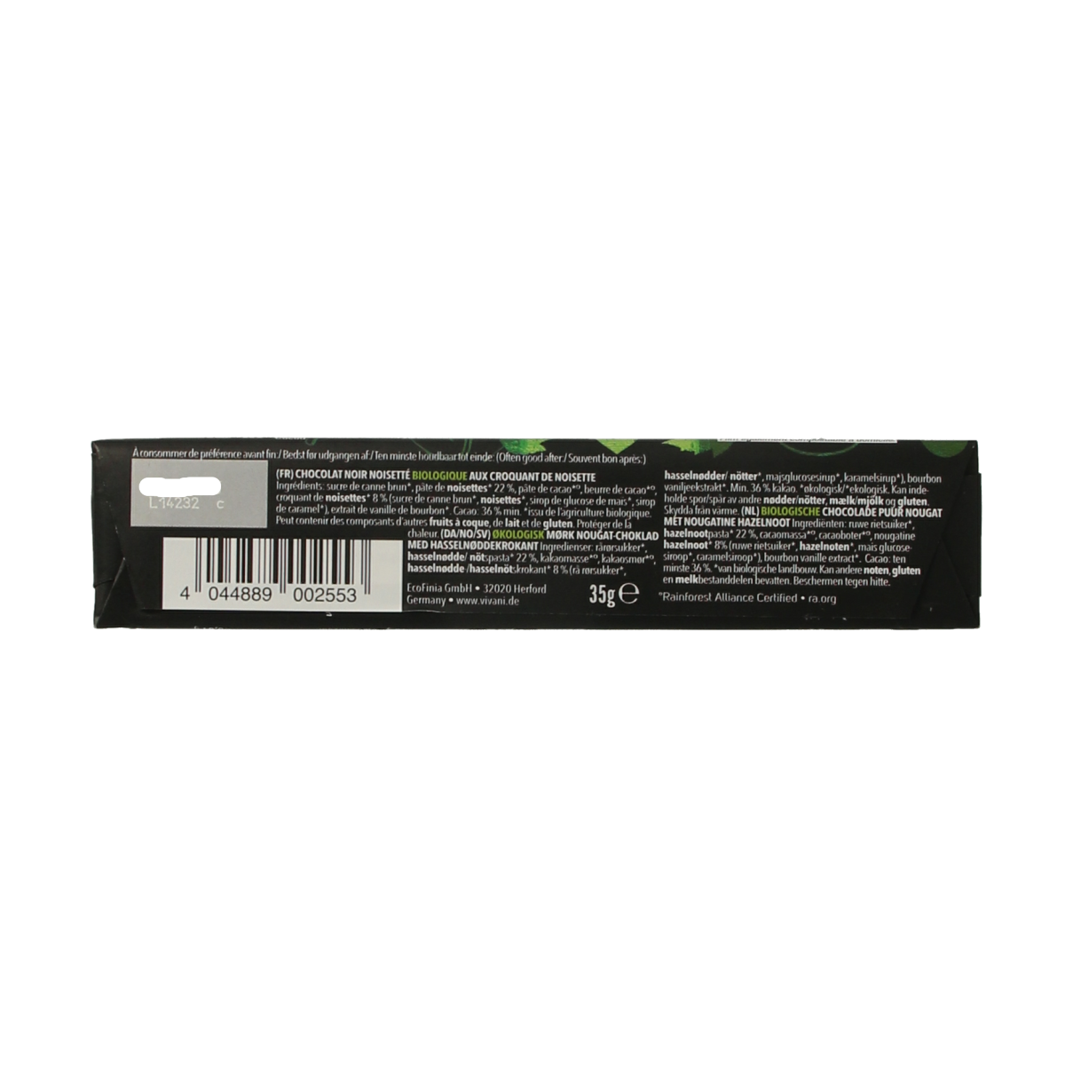 Vivani Chocolate To Go dark nougat croccante bio 35.00 Gram