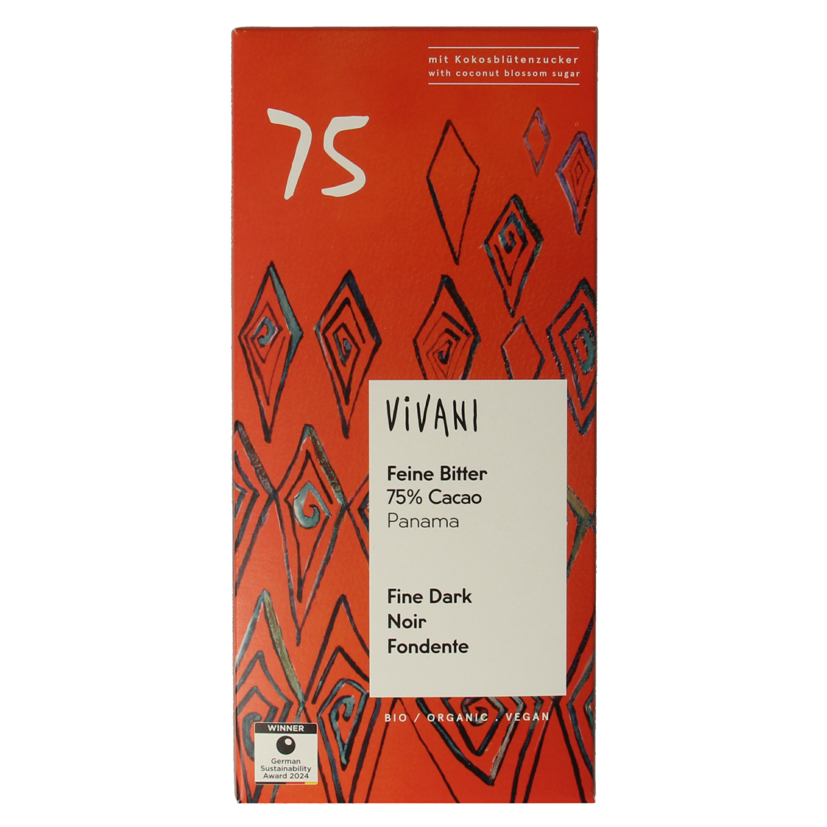 Vivani Chocolade puur 75% kokosbloesemsuiker bio 80.00 Gram