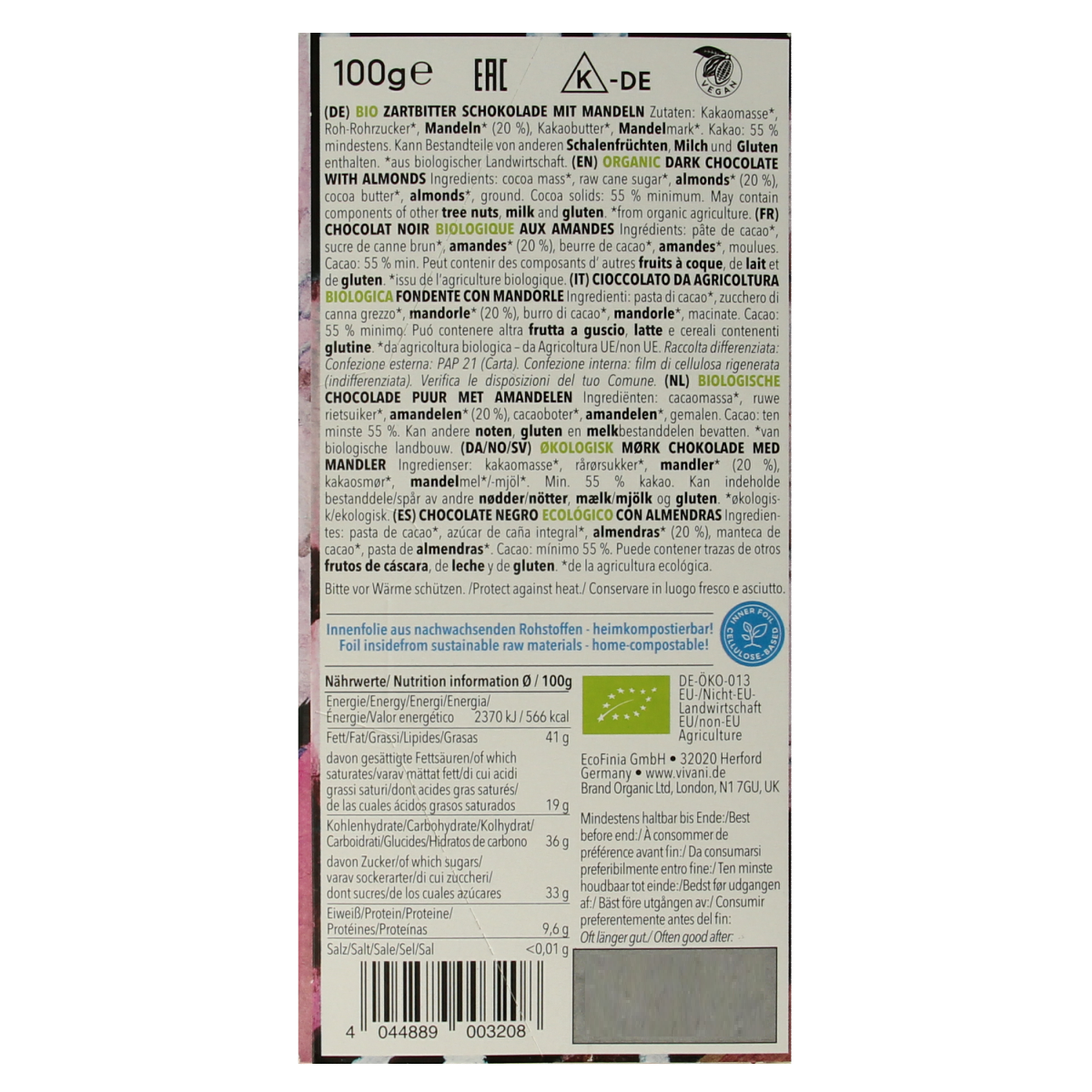 Vivani Chocolade puur met amandelen bio 100.00 Gram