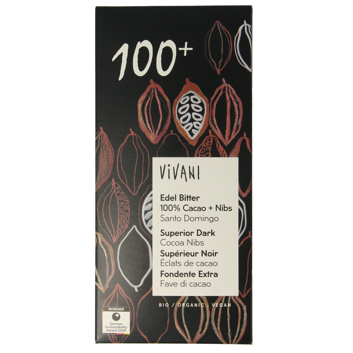 Vivani Chocolade puur 100% + cacao nibs bio 80.00 Gram