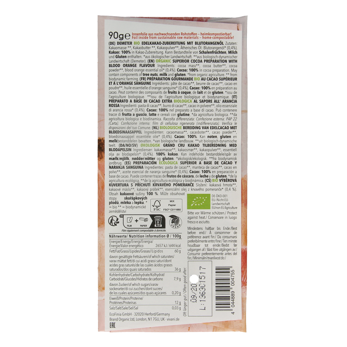 Vivani Chocolade Demeter puur 100% bloedsinaasappel bio 90.00 Gram