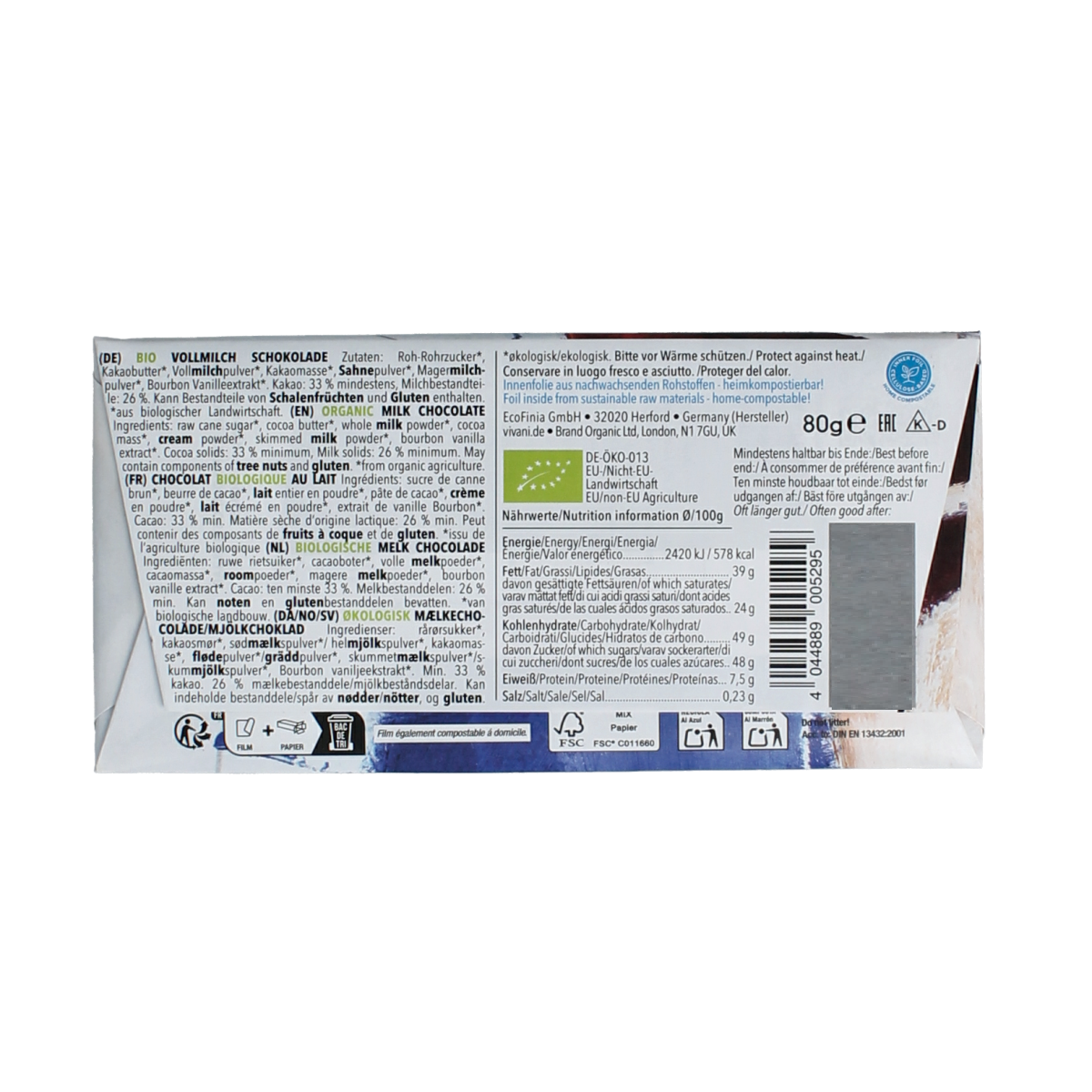 Vivani Chocolade melk bio 80.00 Gram
