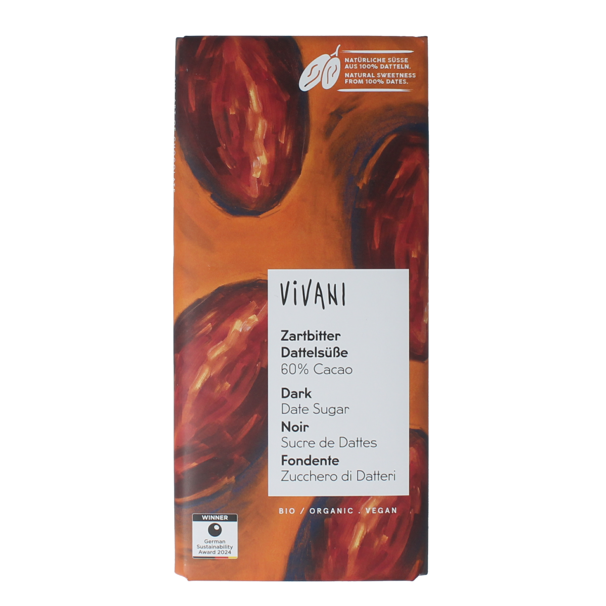 Vivani Chocolade puur 60% dadel gezoet bio 80.00 Gram