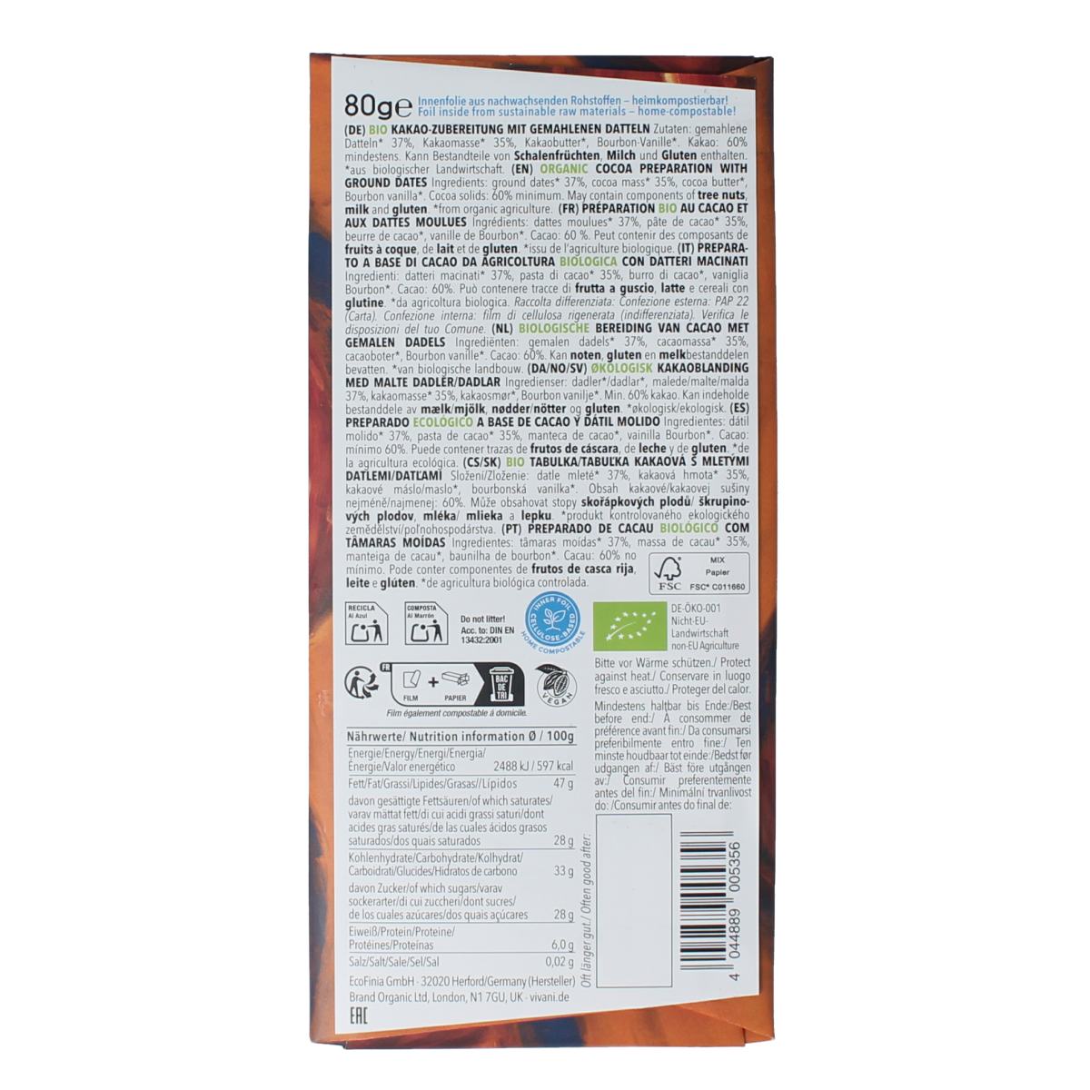 Vivani Chocolade puur 60% dadel gezoet bio 80.00 Gram