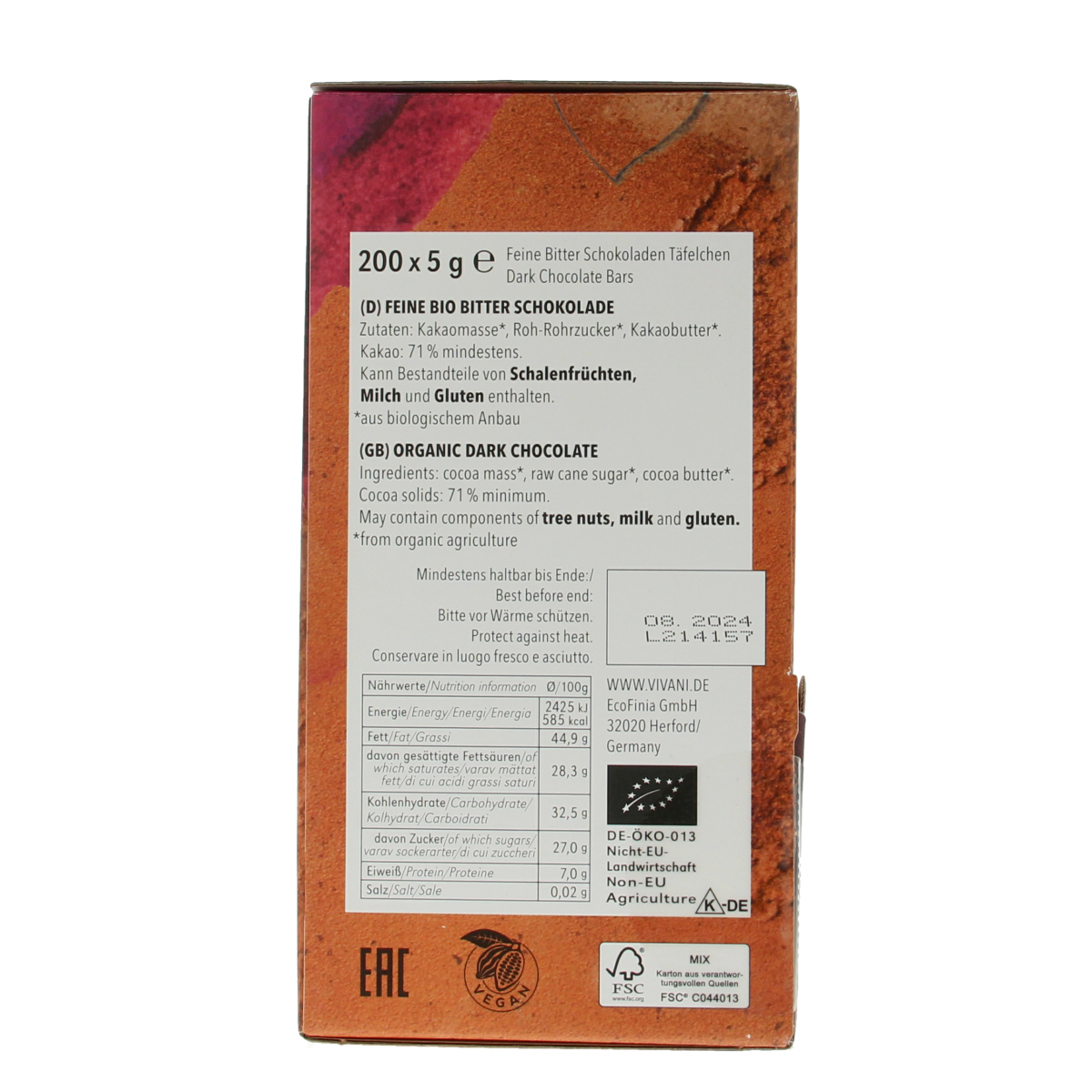 Vivani Chocolade naps puur 5 gram bio 200.00 Stuks