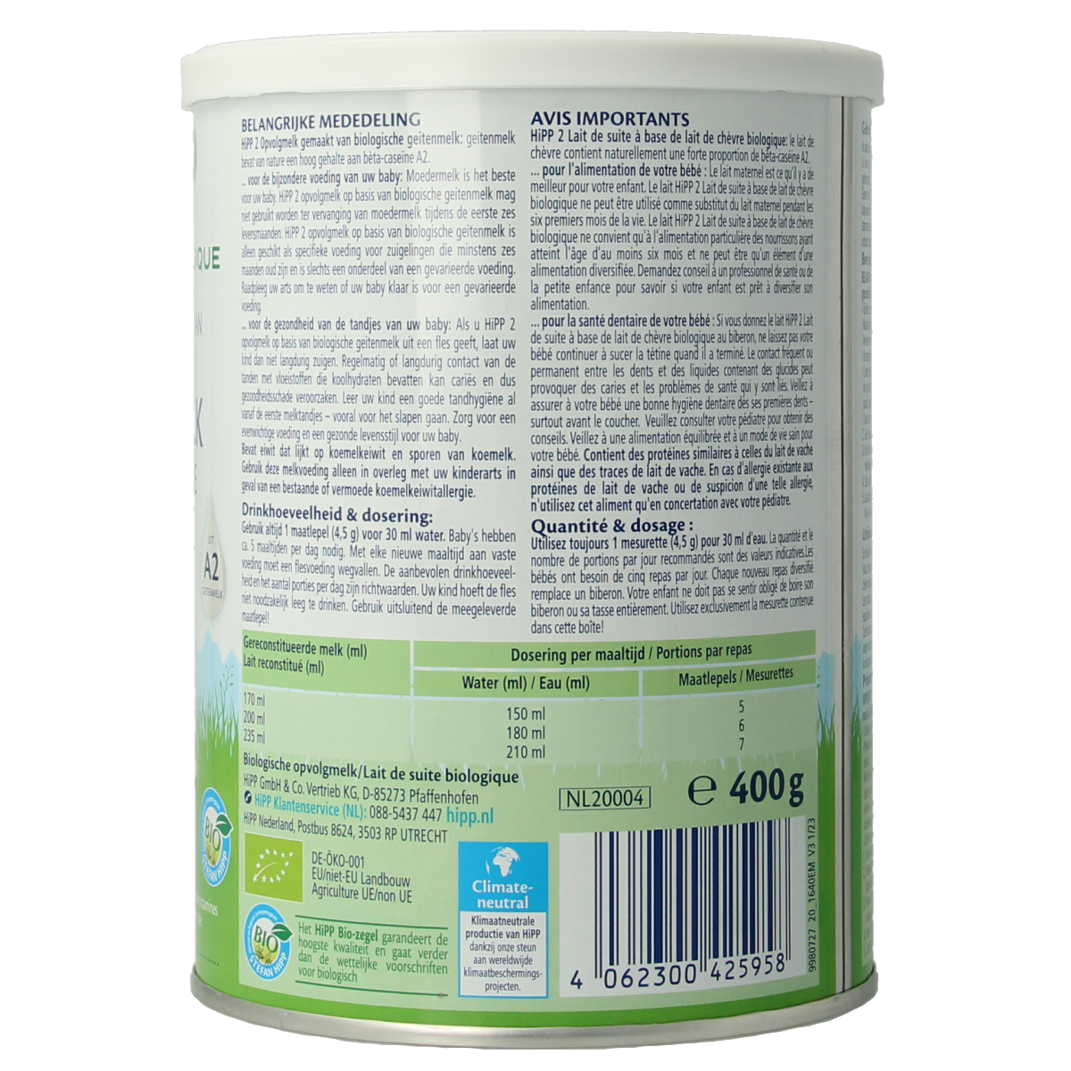 Hipp 2 Biologische opvolgmelk op basis van geitenmelk 400.00 Gram