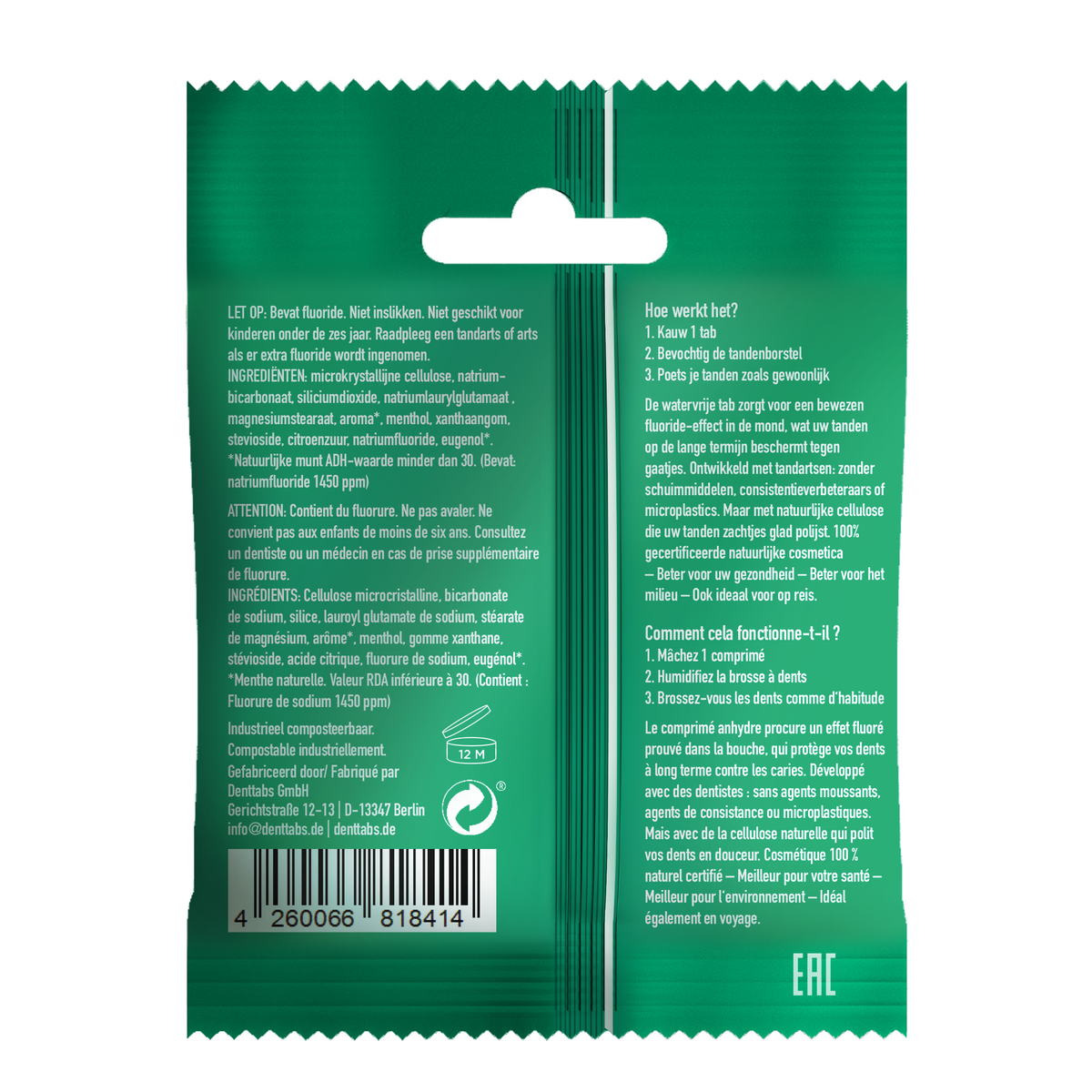 Denttabs Tandpasta tabletten munt met fluor vegan 125.00 Stuks