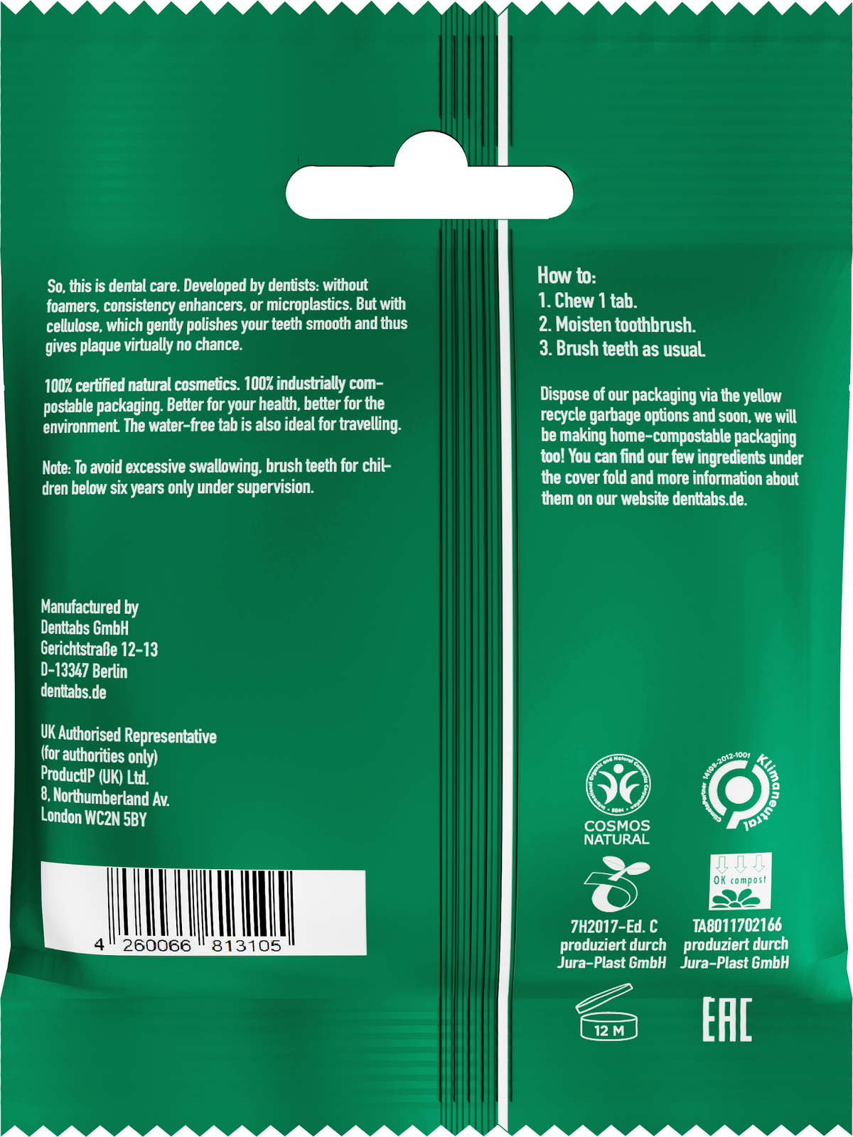 Denttabs Tandpasta tabletten munt zonder fluor vegan 125.00 Stuks