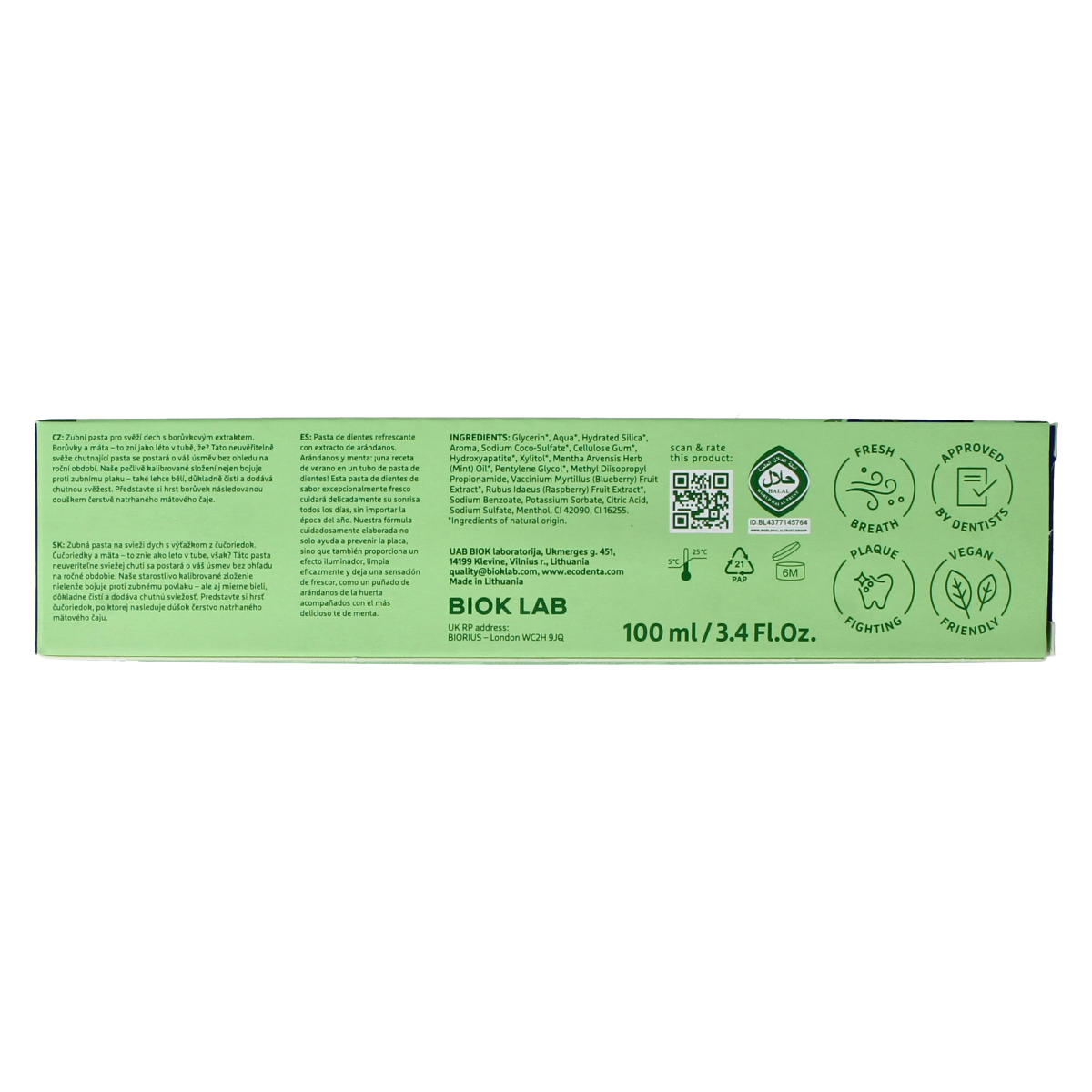 Ecodenta Tandpasta fresh breath Blue Berry green line 100.00 Milliliter