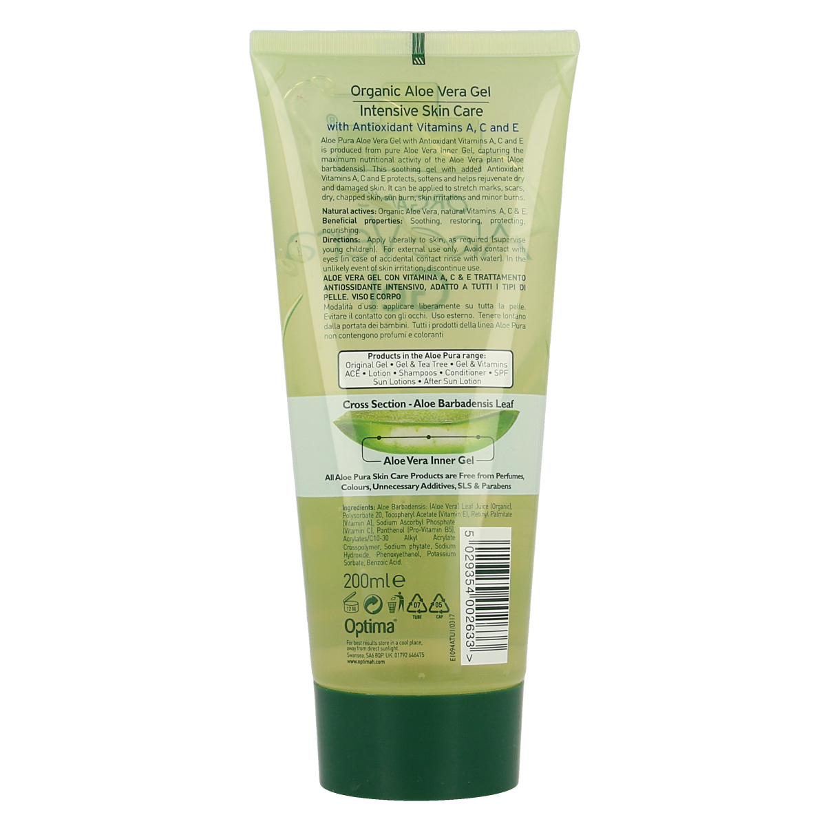 Optima Aloe pura aloe vera gel organic vitamine A C E 200.00 Milliliter