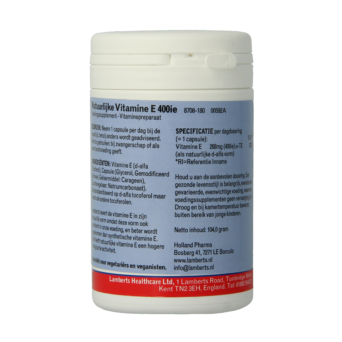 Lamberts Vitamine E 400IE natuurlijk 180.00 Vegetarische capsules
