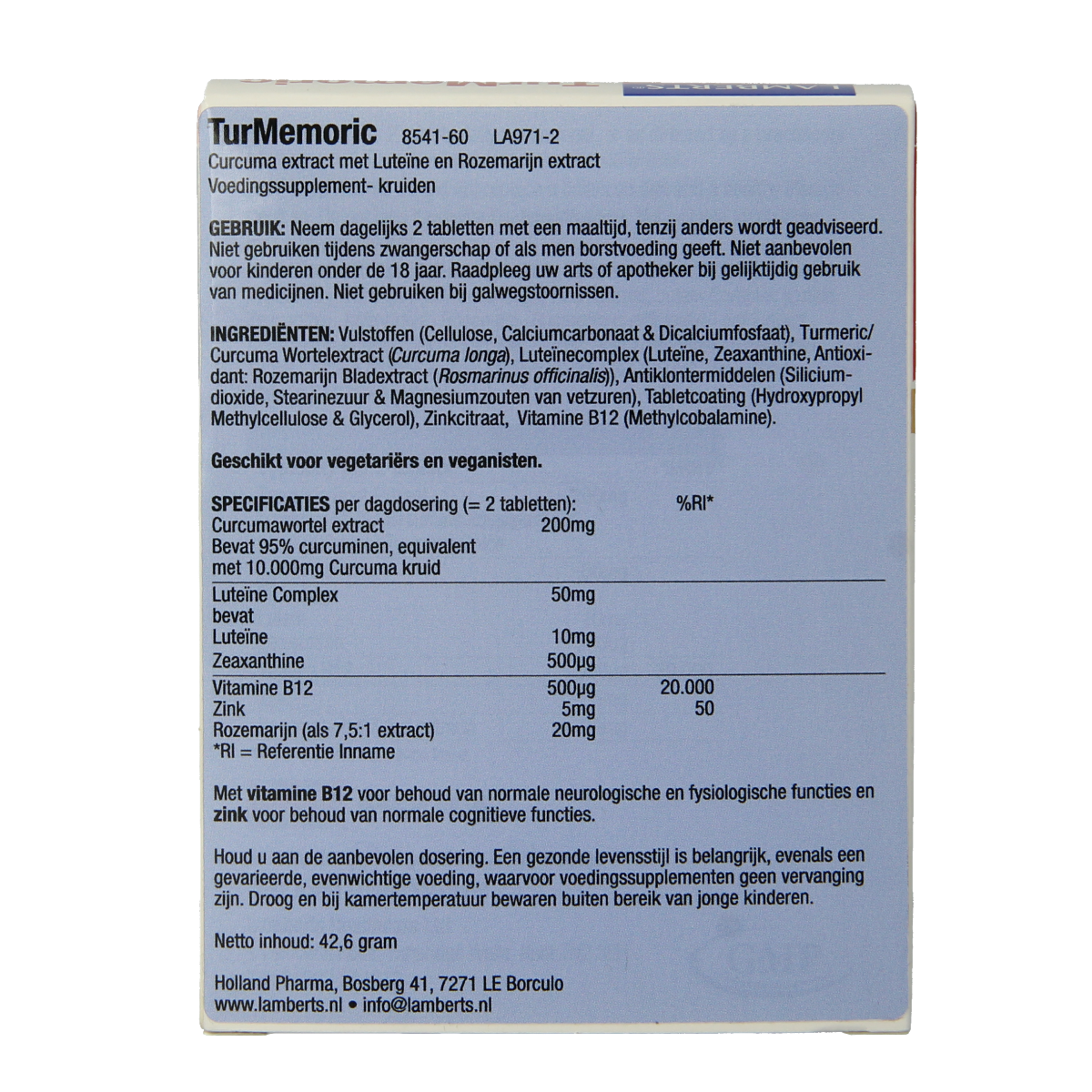 Lamberts Turmemoric met curcuma, luteïne en rozemarijn 60.00 Tabletten