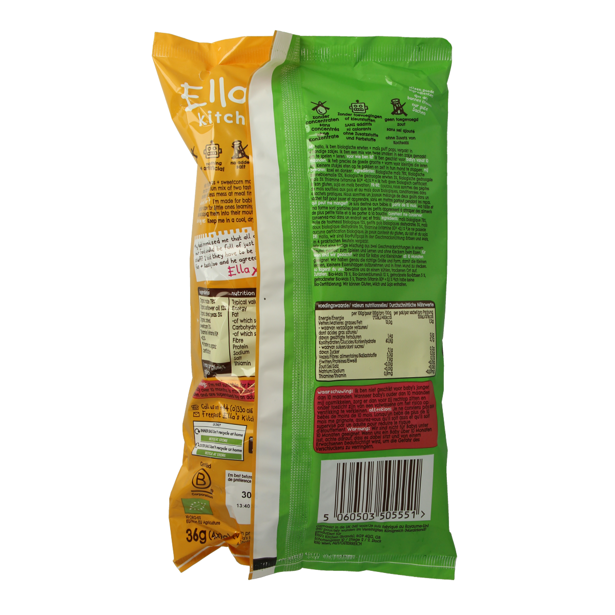 Ella's Kitchen Puff pops peas & sweetcorn 10+ maanden bio 36.00 Gram