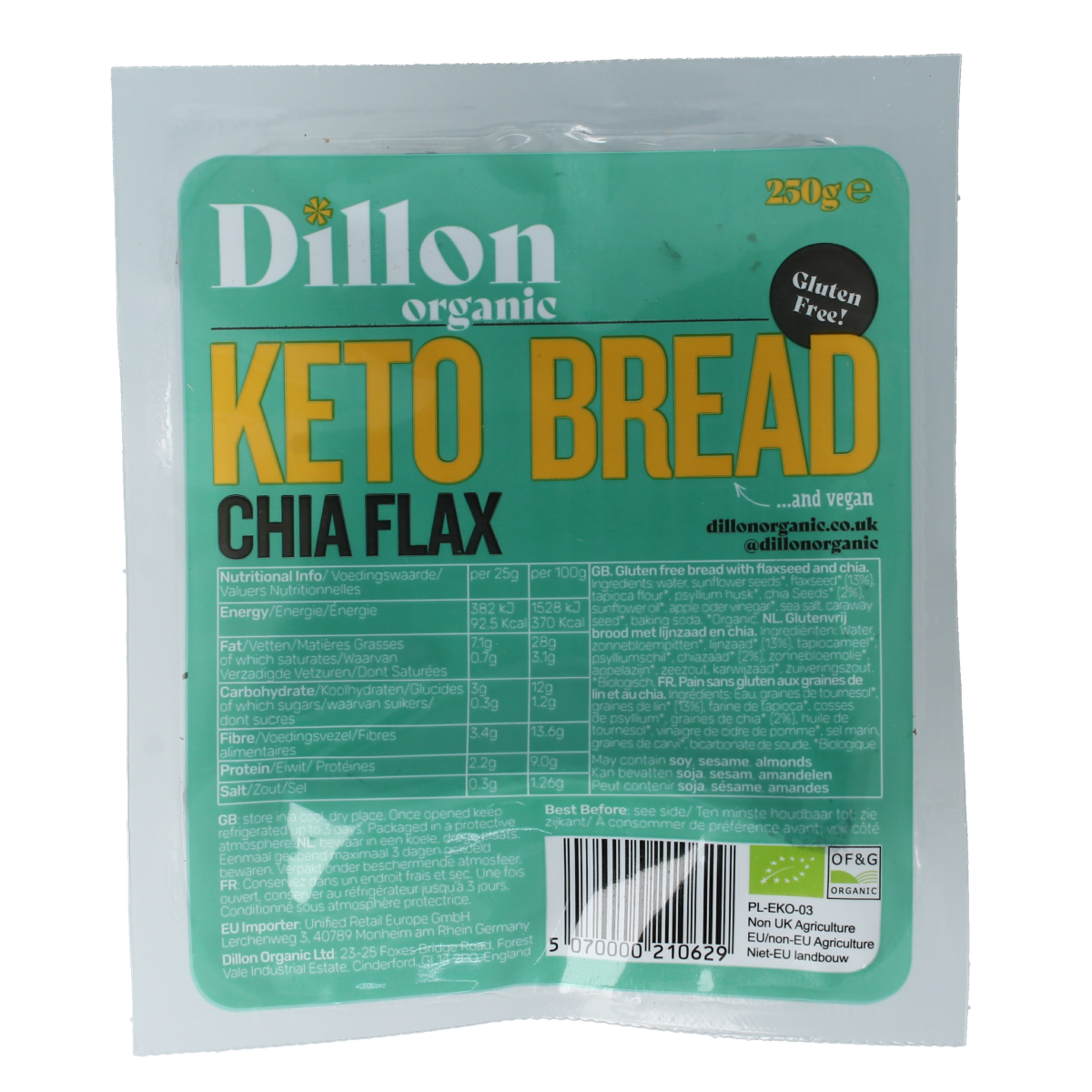 Dillon Organic Keto brood chia flax glutenvrij bio demeter 250.00 Gram