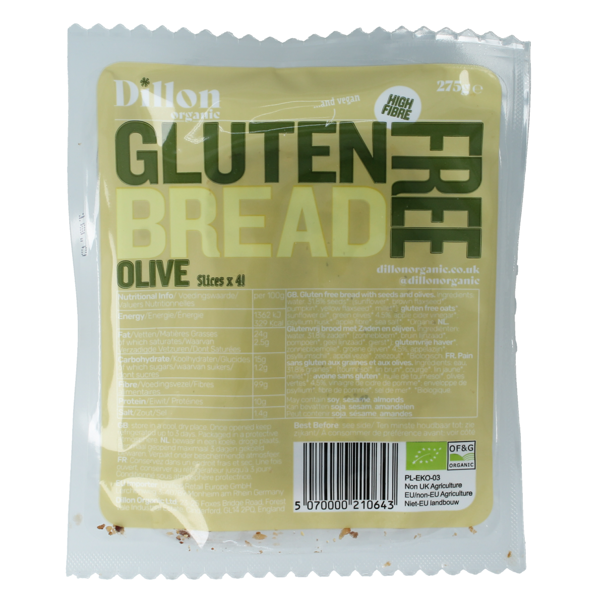 Dillon Organic Sliced bread olive glutenvrij bio demeter 275.00 Gram