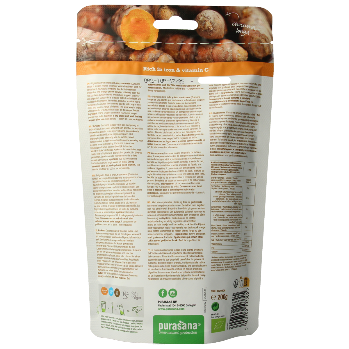 Purasana Curcuma poeder vegan bio 200.00 Gram