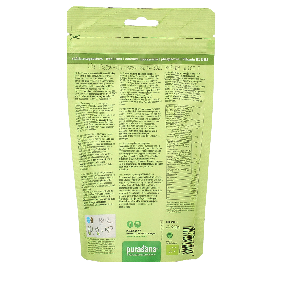 Purasana Gerstegras sappoeder bio 200.00 Gram