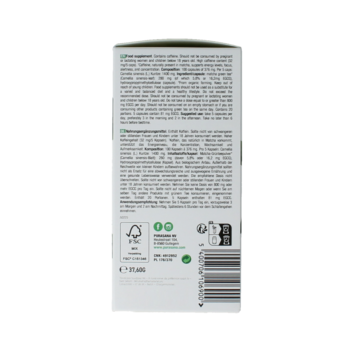 Purasana Matcha vegan bio 100.00 Vegetarische capsules
