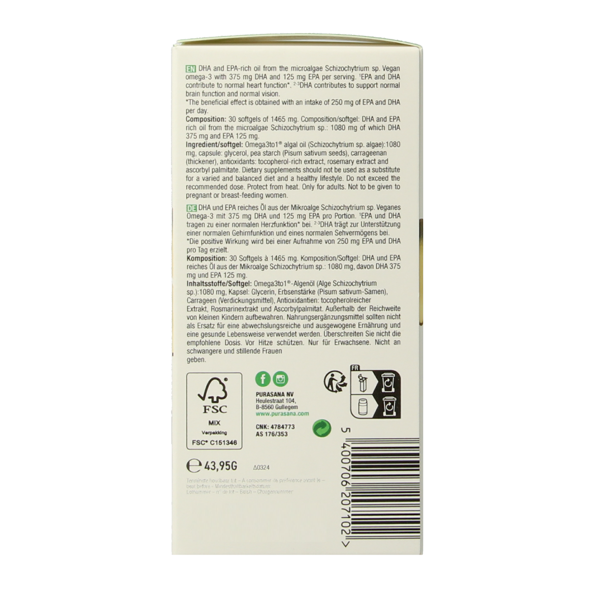 Purasana Vegan omega-3 algenolie 30.00 Softgels