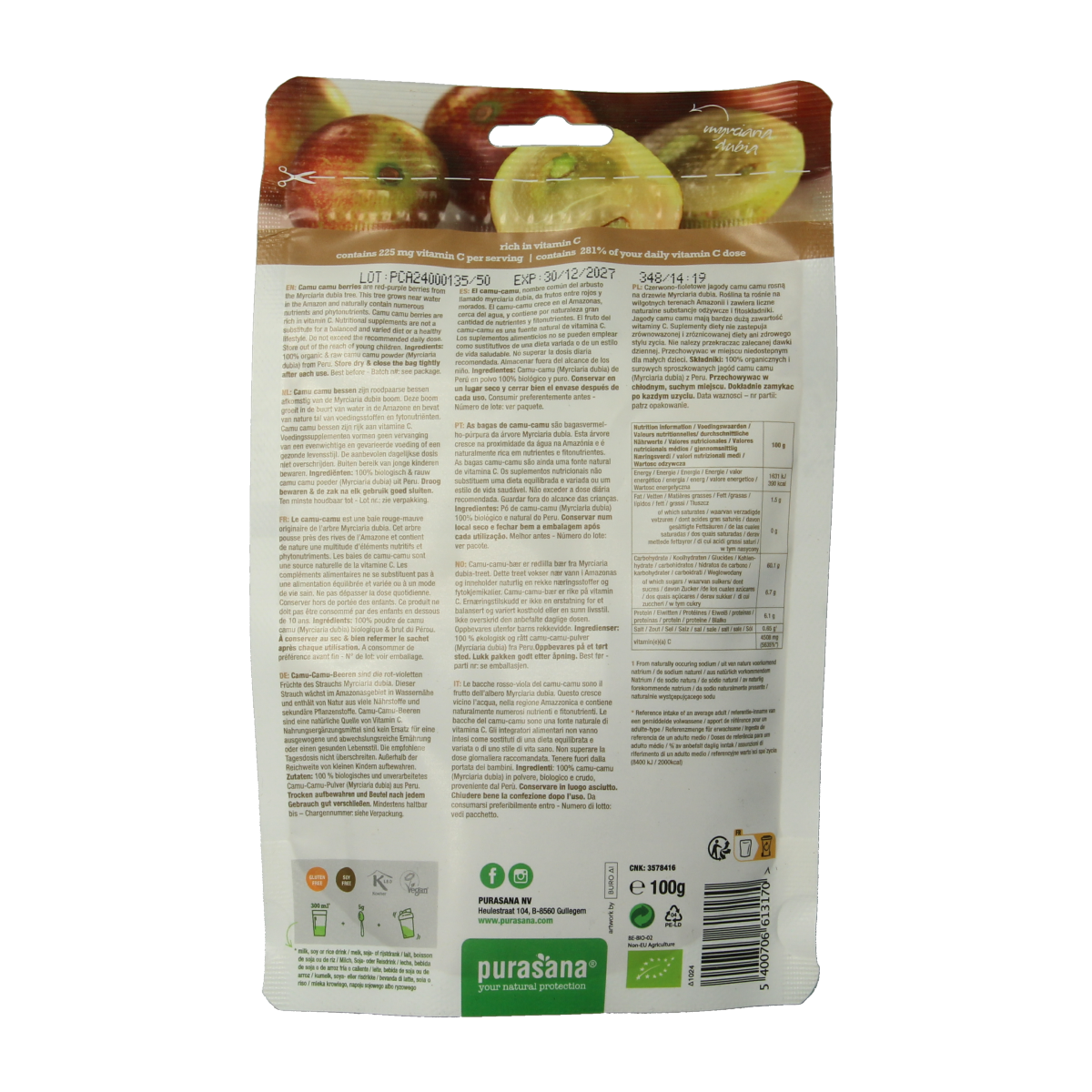 Purasana Camu Camu poeder vegan bio 100.00 Gram