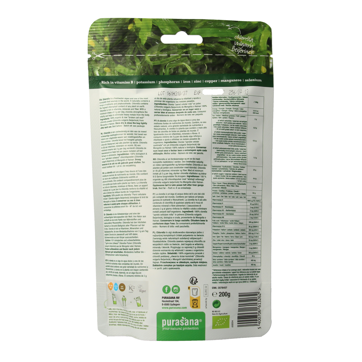 Purasana Chlorella poeder vegan bio 200.00 Gram
