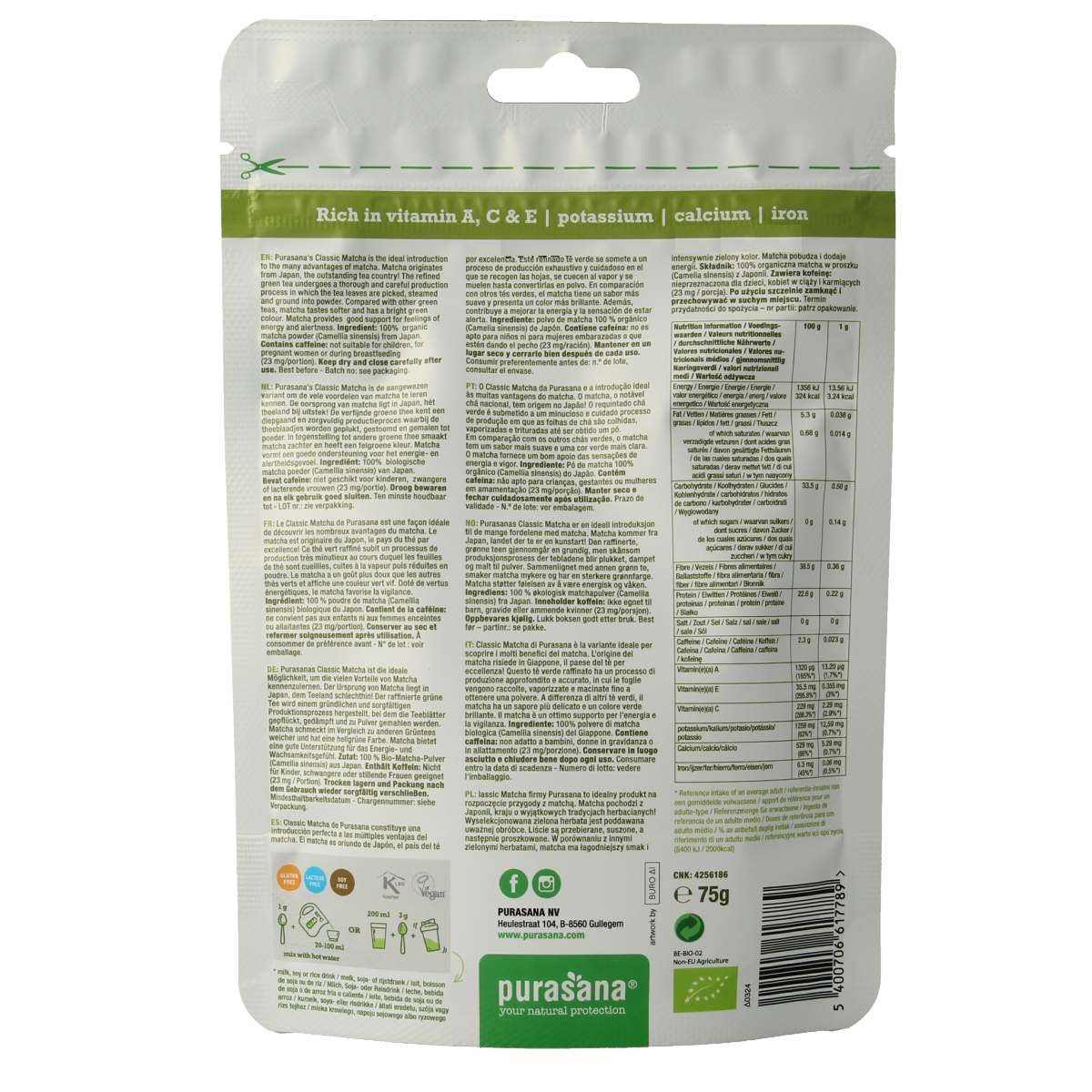 Purasana Matcha classic poeder vegan bio 75.00 Gram