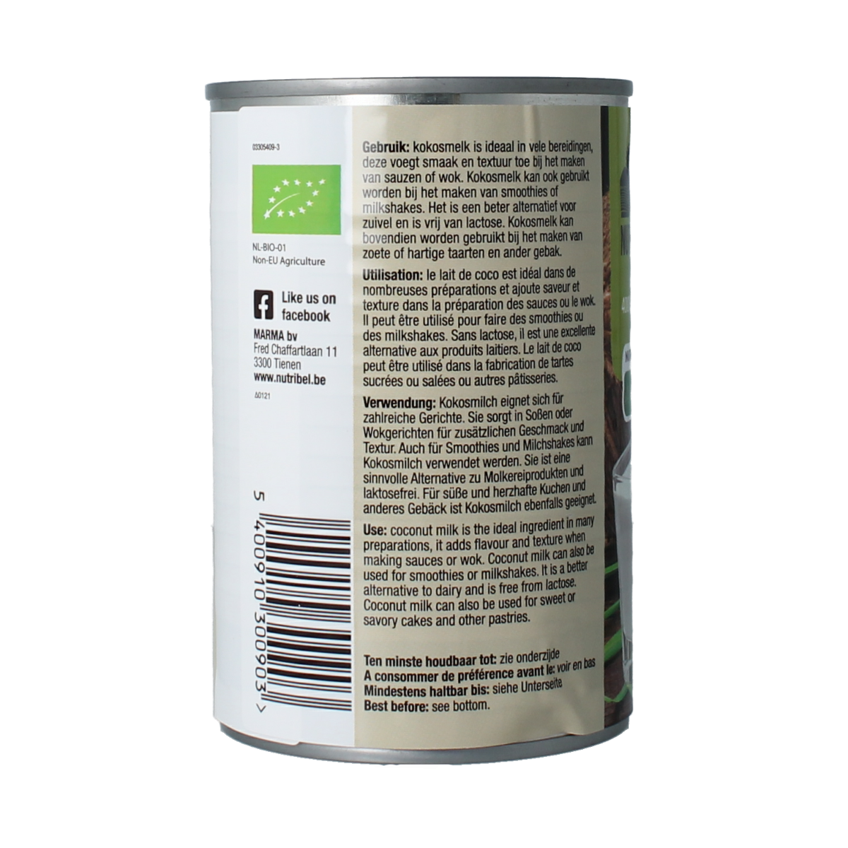 Nutribel Kokosmelk glutenvrij bio 400.00 Milliliter